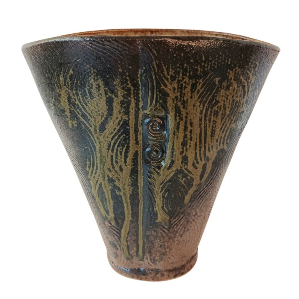Cynthia Spencer Pottery Vase Brown Rust Mustard Colors Fan Shape 6.5" X 6.5"